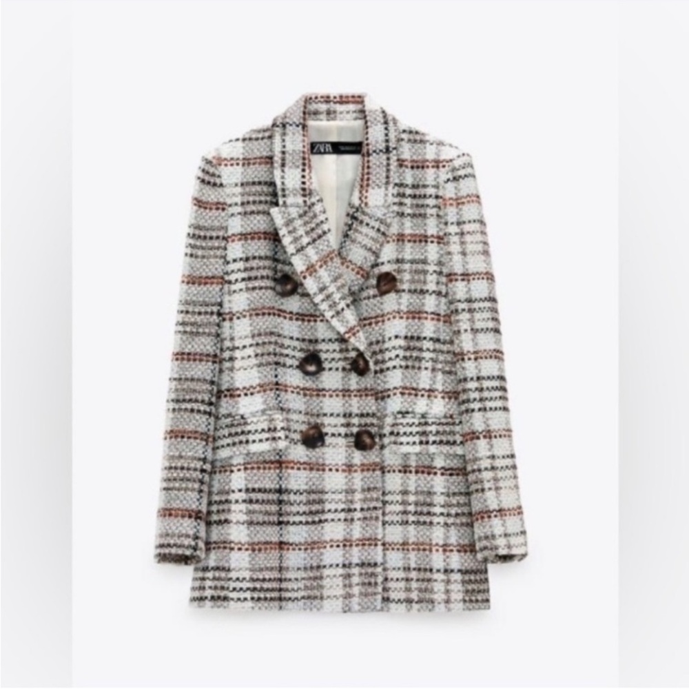 Zara Double breasted Tweed Long Blazer neutral plaid black beige colors, Size XS